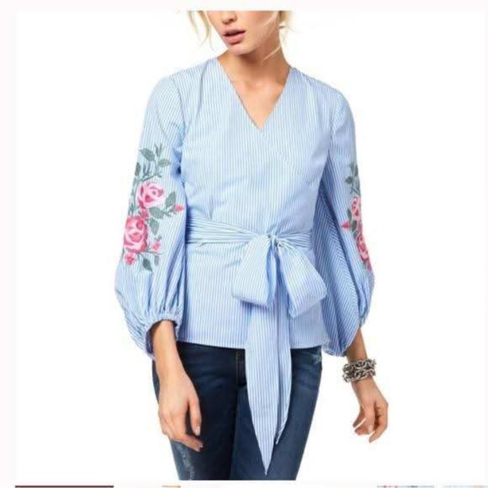 INC‎ Wrap Blouse Women Medium Blue NWT Floral Embroidered Striped Balloon Sleeve